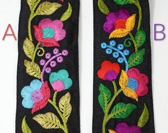 Embroidered flower trim sold by the yard, Black lace flower fabric, Bohemian flower trimming border