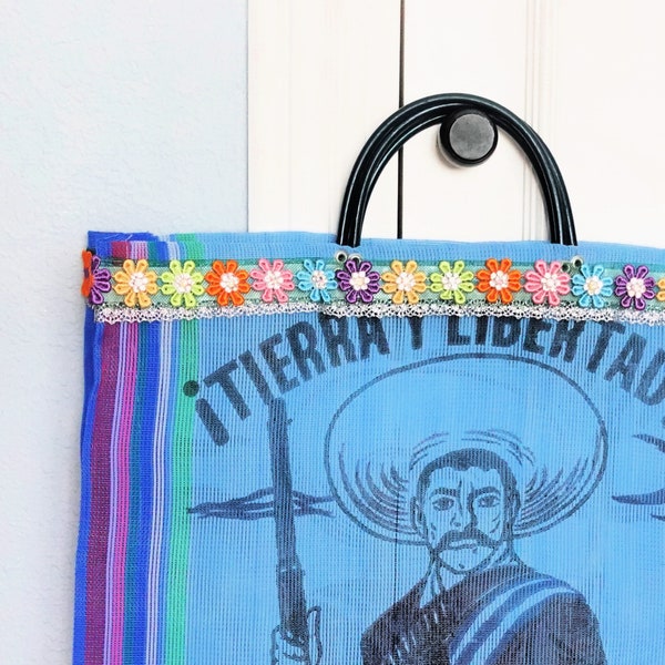Mexican shopping tote, Reusable market bag embellished, Tierra y Libertad Emilizano Zapata