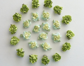 10 Green ribbon fabric flower appliques 2.5 cm, Spring floral appliques