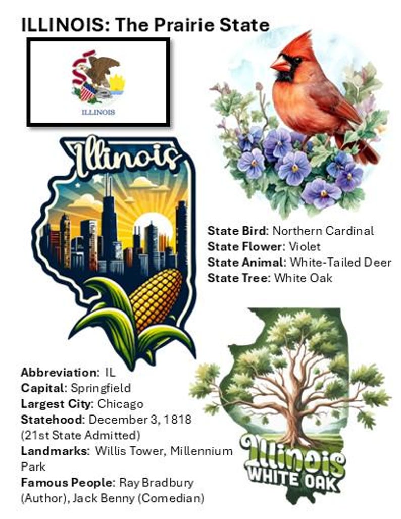 Peut inclure: Un collage graphique pr&eacute;sentant le drapeau de l'&Eacute;tat de l'Illinois, un cardinal rouge perch&eacute; sur des violettes, la silhouette de Chicago avec un &eacute;pi de ma&iuml;s et un ch&ecirc;ne blanc, le tout accompagn&eacute; de faits et symboles de l'&Eacute;tat.