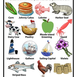 Peut inclure: Une carte de jeu I SPY Rhode Island pr&eacute;sentant des illustrations de ma&iuml;s, johnny cakes, homard, phoque commun, vache laiti&egrave;re, volaille, pomme Rhode Island Greening, calmar, phare, galion, voilier, violettes, bar ray&eacute;, poule Rhode Island Red et plages.