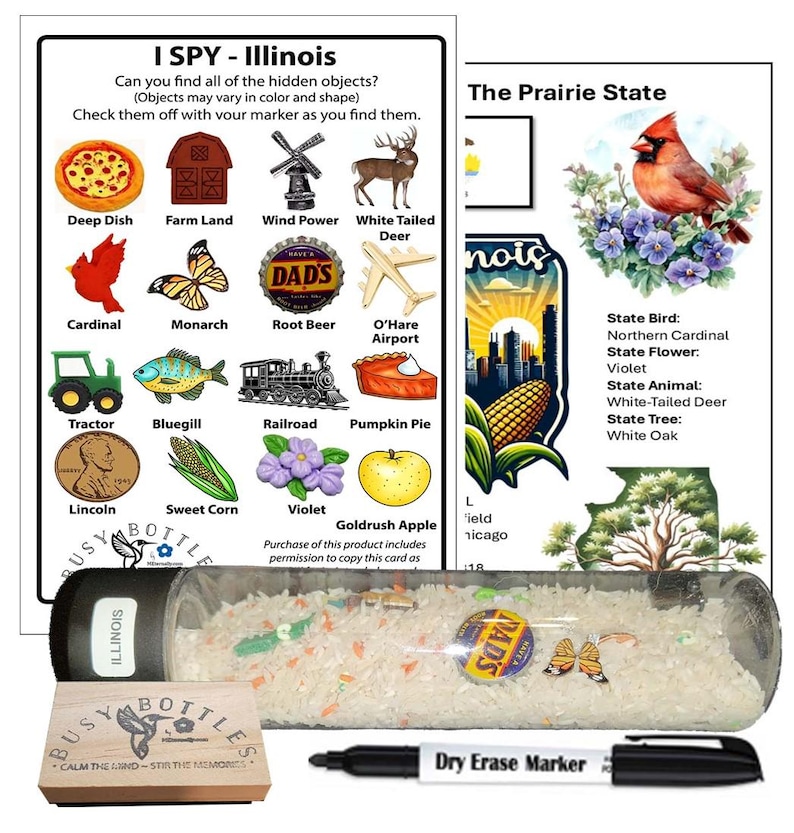 Peut inclure: Un ensemble d'activit&eacute;s I Spy Illinois comprenant une carte imprim&eacute;e avec des illustrations sur le th&egrave;me de l'&Eacute;tat, une bouteille en plastique transparent remplie de riz blanc et d'objets cach&eacute;s, un bloc en bois et un marqueur effa&ccedil;able noir.