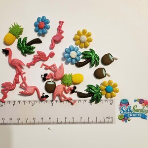 Mixed Lot of Dress it Up Tropical Buttons. Palm Trees, Flamingos, Flowers, Pineapples and Tropical Drinks!