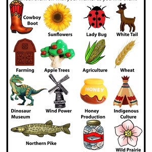 Peut inclure: Une carte de jeu I SPY North Dakota illustrant une botte de cow-boy, un tournesol, une coccinelle, un cerf de Virginie, une grange, un pommier, du ma&iuml;s, du bl&eacute;, un dinosaure, un moulin &agrave; vent, un pot de miel, un tipi, un brochet et une rose.