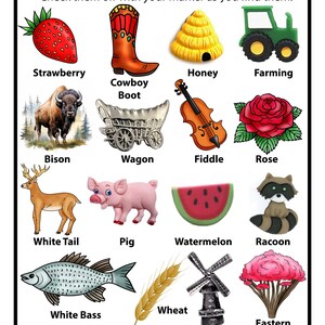 Peut inclure: Une carte de jeu I Spy Oklahoma pr&eacute;sentant une grille d'illustrations comprenant une fraise, une botte de cow-boy, une ruche, un tracteur vert, un bison, un chariot, un violon, une rose, un cerf, un cochon, une past&egrave;que, un raton laveur, un poisson, du bl&eacute;, un moulin &agrave; vent et un arbre redbud avec du texte.