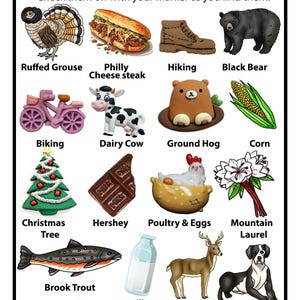 Peut inclure: Une carte de jeu I SPY Pennsylvania illustrant une g&eacute;linotte hupp&eacute;e, un cheesesteak de Philadelphie, une chaussure de randonn&eacute;e, un ours noir, un v&eacute;lo, une vache laiti&egrave;re, une marmotte, du ma&iuml;s, un sapin de No&euml;l, du chocolat Hershey, de la volaille, du laurier des montagnes, une truite, du lait, un cerf et un Grand Danois.