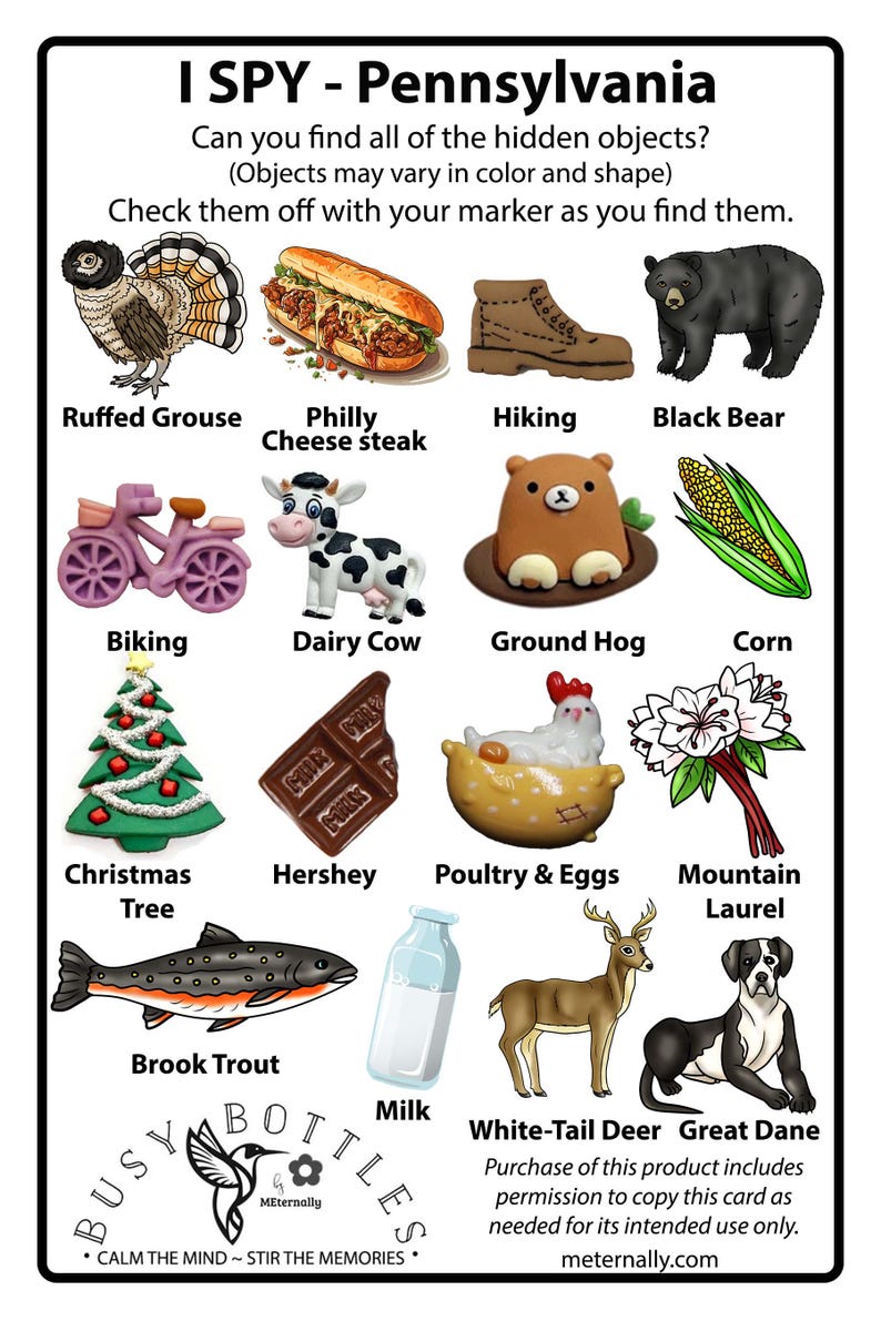 Peut inclure: Une carte de jeu I SPY Pennsylvania illustrant une g&eacute;linotte hupp&eacute;e, un cheesesteak de Philadelphie, une chaussure de randonn&eacute;e, un ours noir, un v&eacute;lo, une vache laiti&egrave;re, une marmotte, du ma&iuml;s, un sapin de No&euml;l, du chocolat Hershey, de la volaille, du laurier des montagnes, une truite, du lait, un cerf et un Grand Danois.
