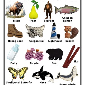 Peut inclure: Une carte de jeu I SPY - Oregon pr&eacute;sentant une grille d'ic&ocirc;nes comprenant un bison, une poire, Bigfoot, un saumon Chinook, une chaussure de randonn&eacute;e, un chariot Oregon Trail, un phare, un castor, une bouteille de lait, un v&eacute;lo, un ours, des skis, un papillon machaon, une orque et un cachalot.