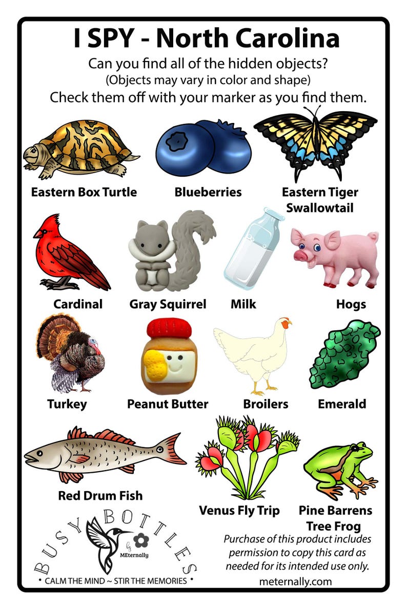 Peut inclure: Une carte de jeu I Spy North Carolina illustrant une tortue bo&icirc;te, des myrtilles, un papillon porte-queue, un cardinal, un &eacute;cureuil gris, une bouteille de lait, un cochon, une dinde, du beurre de cacahu&egrave;te, un poulet, une &eacute;meraude, un tambour rouge, une dion&eacute;e et une rainette.