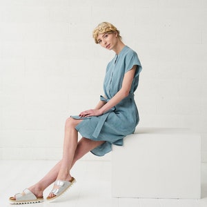 Linen dress MIYAKO, washed softened linen shirtdress, linen clothing, summer linen day dress, dusty blue dress, eco friendly linen dress image 5