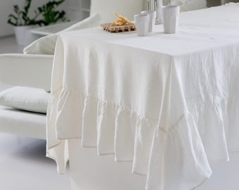 Linen tablecloth in White color, natural linen tablecloth, ruffled linen tablecloth, natural linen, table linen, linen kitchen decor