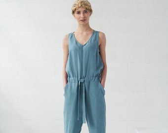 Linen romper with pockets KAUAI, womens linen romper, natural stonewashed softened linen, washed linen clothing, dusty blue