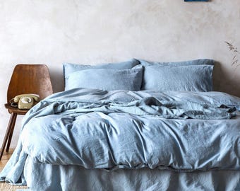 Linen Duvet Cover Sky Blue, King Queen Twin Double, Elegant Bedroom Linen, Stonewashed & Garment Dyed Linen, Heavyweight European Fabric
