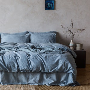 Linen sheet set in Sky Blue color. Flat sheet, fitted sheet, 2 pillowcases