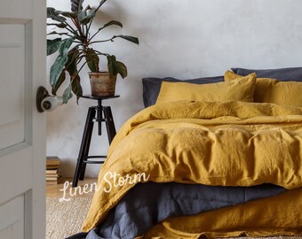 Mustard Yellow Linen Sheet Set, Stone Washed, European Linen