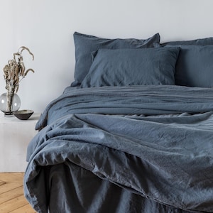 Linen duvet cover in Charcoal Blue color. Custom sizes, hand dyed stonewashed linen bedding. King, Queen, Twin, Double