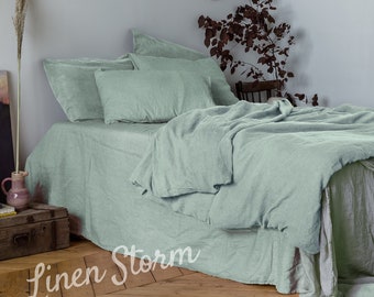 Linen duvet cover in Sage Green color. Stonewashed linen bedding. Custom size linen sheets, various colors bed sheets