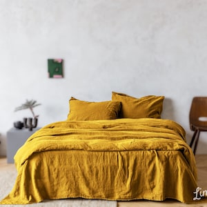 Linen bedding set, Duvet cover + 2 Pillowcases in Mustard Yellow color, King, Queen, Twin, Double