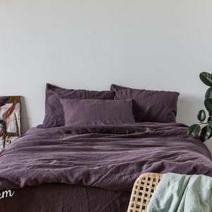 Linen bedding set, Duvet cover + 2 Pillowcases in Purple/Plum color, King, Queen, Twin, Double