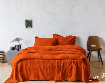 Linen bedding set, Duvet cover + 2 Pillowcases in Burnt Orange color, King, Queen, Twin, Double