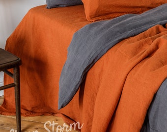 Linen Duvet Cover SET: duvet cover + 2 pillowcases in Burnt Orange color. Linen bedding set King, Queen, Twin, Double, hand dyed soft linen