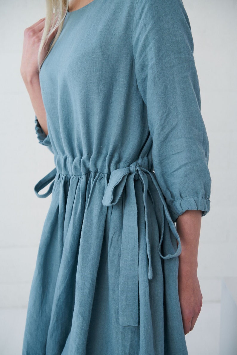 linen summer dress loose midi dress Stonewashed softened linen dusty blue Linen dress with pockets BORA-BORA