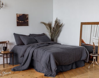 Linen Duvet cover SET, Duvet cover + 2 Pillowcases in Graphite (Dark Gray) color. Available in King, Queen, Twin, Double sizes, stonewashed