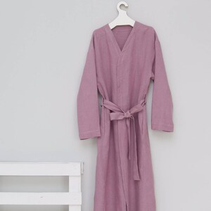 Linen bathrobe in Pink color, dressing gown, night gown, stonewashed softened linen robe image 3