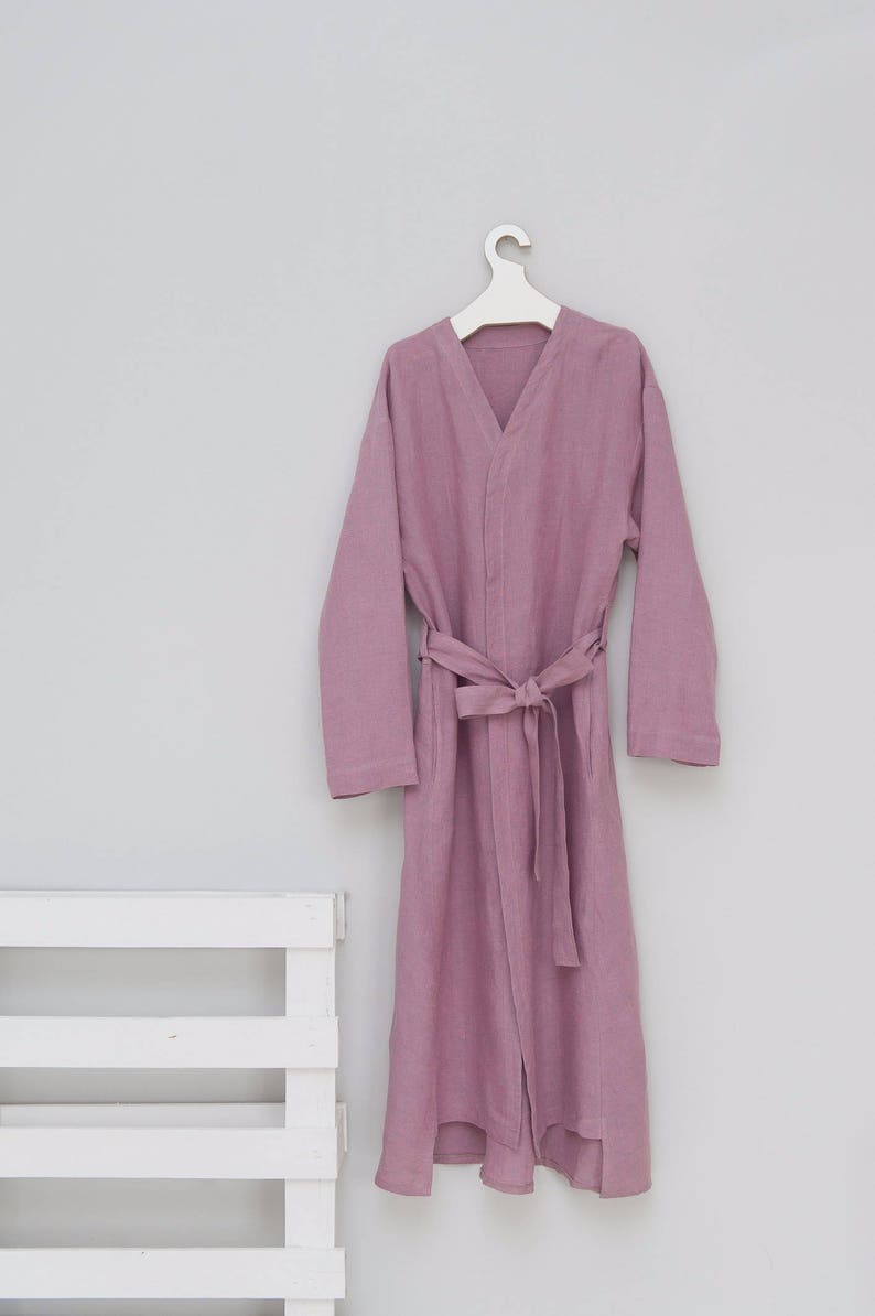 Pink natural certified linen bathrobe with pockets, soft linen robe, linen kimono, long morning gown, linen robe for women. Made in Europe image 7