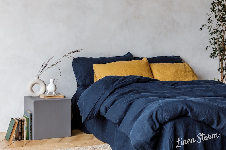 Linen bedding set, Duvet cover 2 Pillowcases in Navy Blue color, King, Queen, Twin, Double image 4