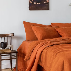 Linen bedding set, Duvet cover + 2 Pillowcases in Burnt Orange color, King, Queen, Twin, Double stonewashed linen bedding