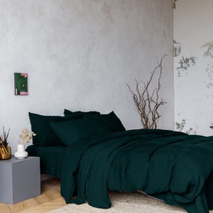 Linen bedding set 3 pieces, Duvet cover 2 Pillowcases in Emerald Green color. Handmade washed linen set in Twin, Double, Queen, King sizes image 2