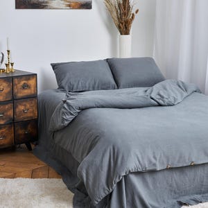 Linen Duvet Cover SET in Graphite Color. Hand-dyed duvet cover + 2 pillowcases. Stonewashed fabric, heirloom quality, luxury bedding