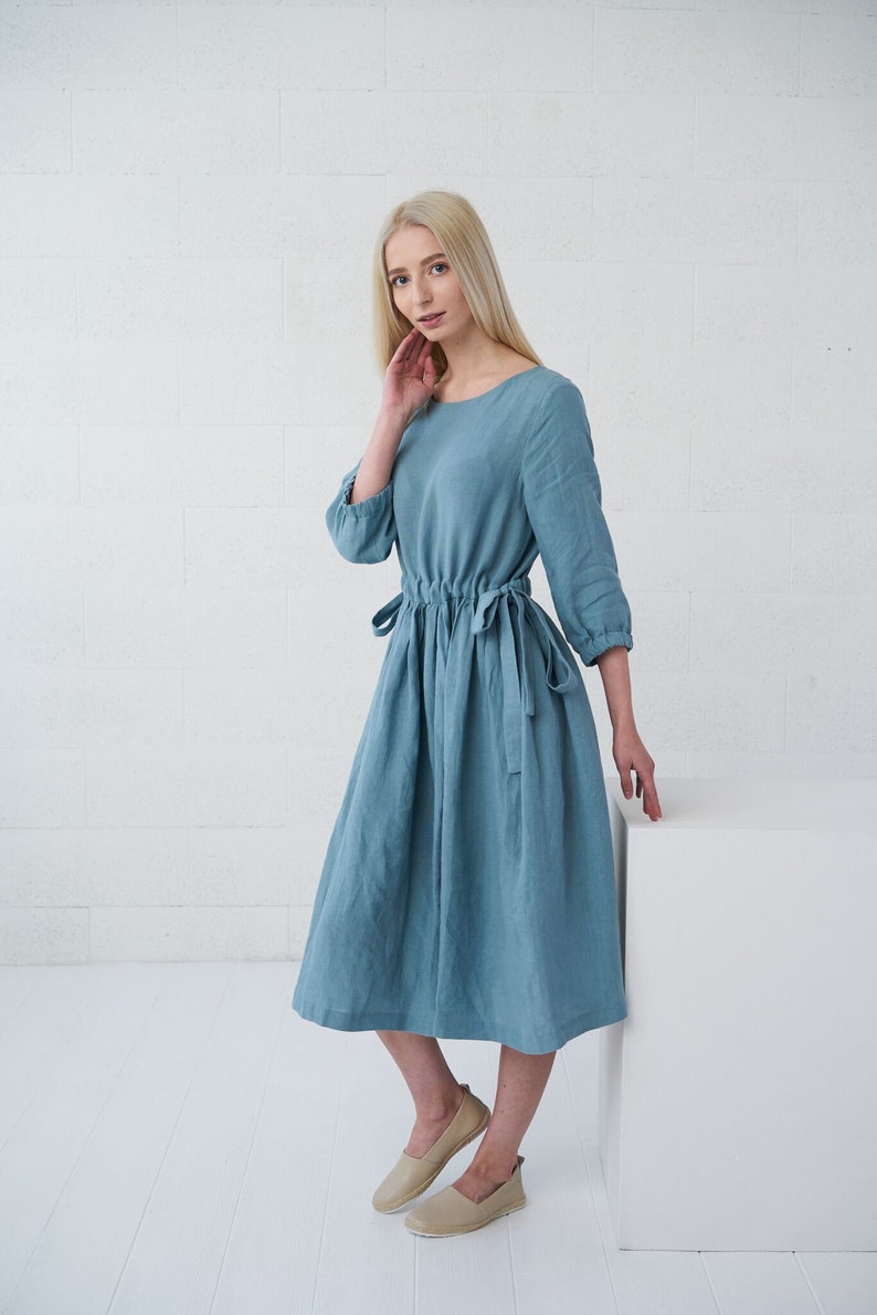 linen summer dress loose midi dress Stonewashed softened linen dusty blue Linen dress with pockets BORA-BORA