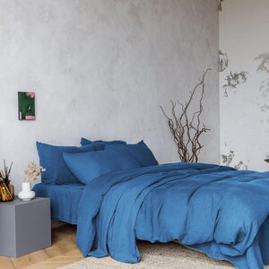 Linen sheet set in Dusty Blue color. Flat sheet, fitted sheet, 2 pillowcases organic custom linen bedding stonewashed and hand dyed