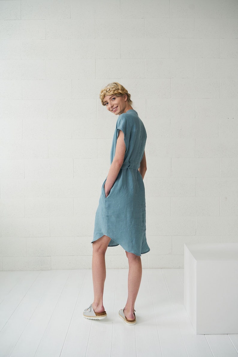 Linen dress MIYAKO, washed softened linen shirtdress, linen clothing, summer linen day dress, dusty blue dress, eco friendly linen dress image 6