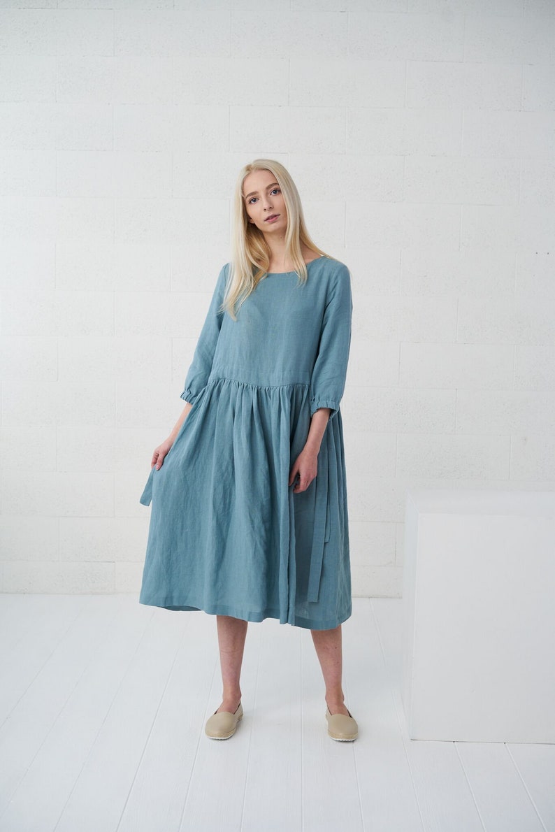 linen summer dress loose midi dress Stonewashed softened linen dusty blue Linen dress with pockets BORA-BORA