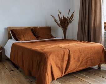 Linen BEDDING SET: Duvet cover + 2 pillowcases in Cinnamon color, CUSTOM sizes King, Queen, Twin, Double, Stonewashed hand-dyed linen