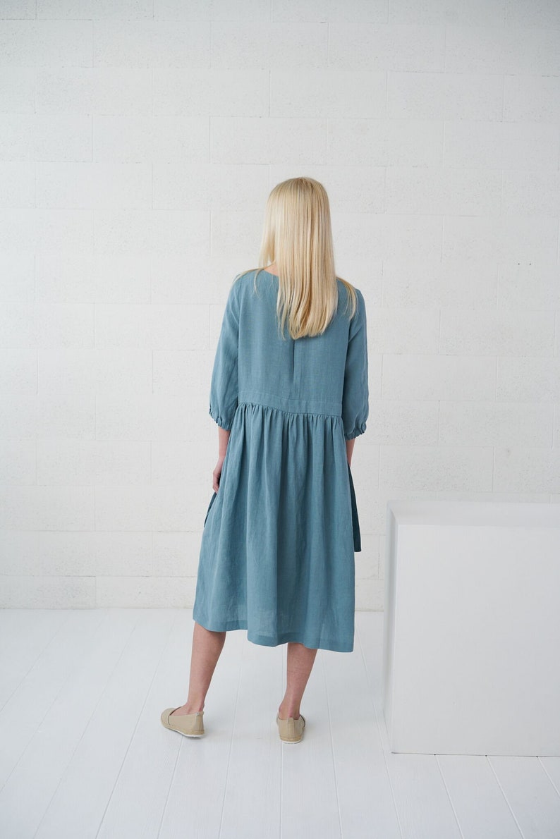 linen summer dress loose midi dress Stonewashed softened linen dusty blue Linen dress with pockets BORA-BORA