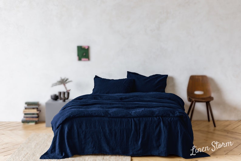 Linen bedding set, Duvet cover 2 Pillowcases in Navy Blue color, King, Queen, Twin, Double image 1