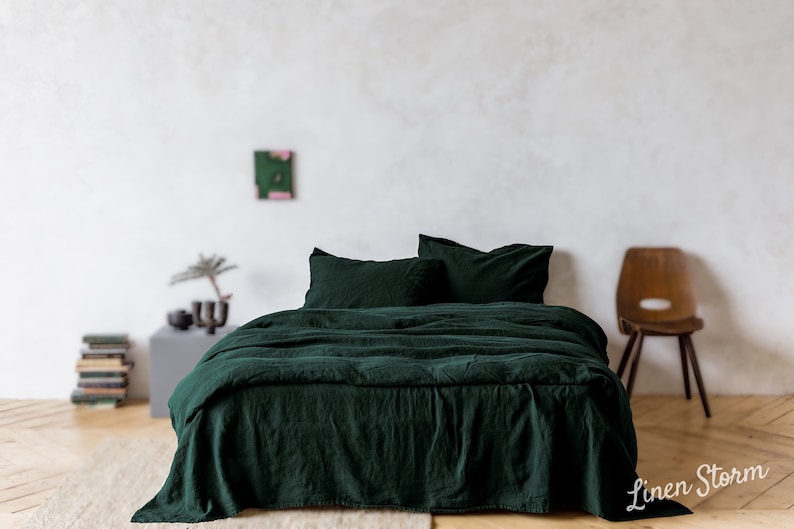 Linen bedding set 3 pieces, Duvet cover 2 Pillowcases in Emerald Green color. Handmade washed linen set in Twin, Double, Queen, King sizes image 3