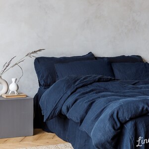 Linen bedding set, Duvet cover 2 Pillowcases in Navy Blue color, King, Queen, Twin, Double image 2