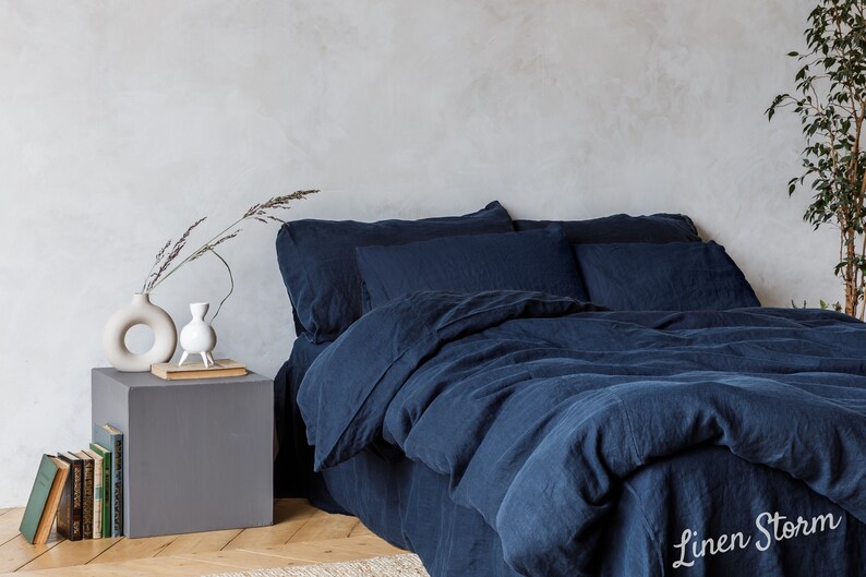 Linen bedding set, Duvet cover 2 Pillowcases in Navy Blue color, King, Queen, Twin, Double image 2