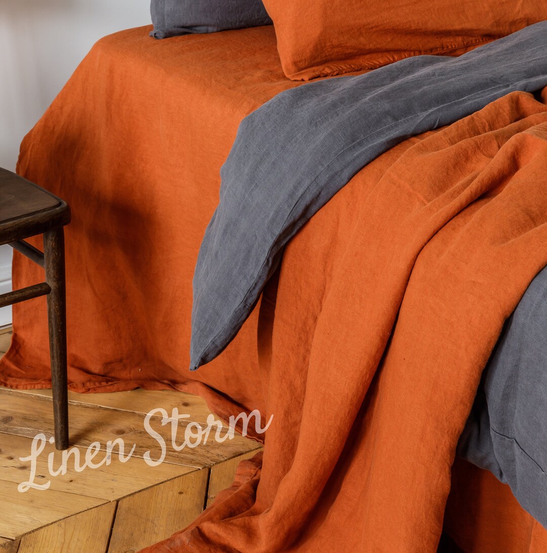 Linen Duvet Cover SET Duvet Cover 2 Pillowcases in Burnt Orange Color