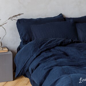 Linen bedding set, Duvet cover 2 Pillowcases in Navy Blue color, King, Queen, Twin, Double image 3