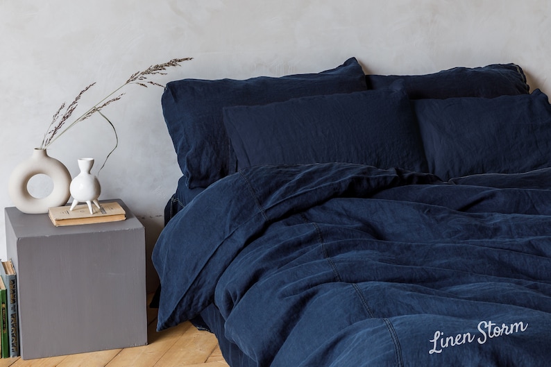 Linen bedding set, Duvet cover 2 Pillowcases in Navy Blue color, King, Queen, Twin, Double image 3