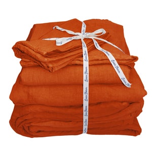 Linen sheet set in Burnt Orange color. Flat sheet, fitted sheet, 2 pillowcases made from heirloom quality heavy linen, hand dyed stonewashed