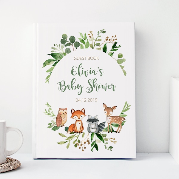 Woodland Baby Shower Guest Book, Guestbook, Advice for Parents, Sign In, Wishes for Baby Keepsake, Animals, Personalized