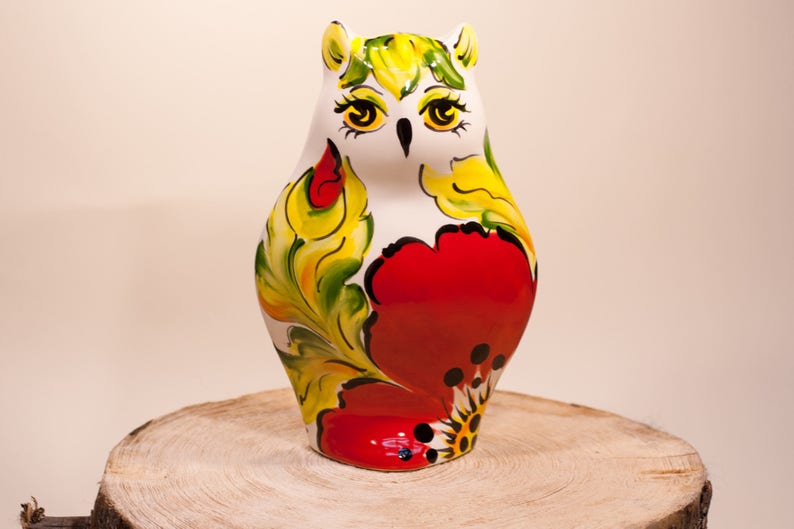 8.622cm Ceramic Owl Poppy Statue Turov Art Pottery Collectible