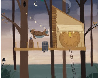 May include: A whimsical illustration of a treehouse in the woods at dusk. The treehouse has a round door and a ladder leading up to it. A bear is relaxing in a hammock on the porch. The scene is lit by string lights and a moon.